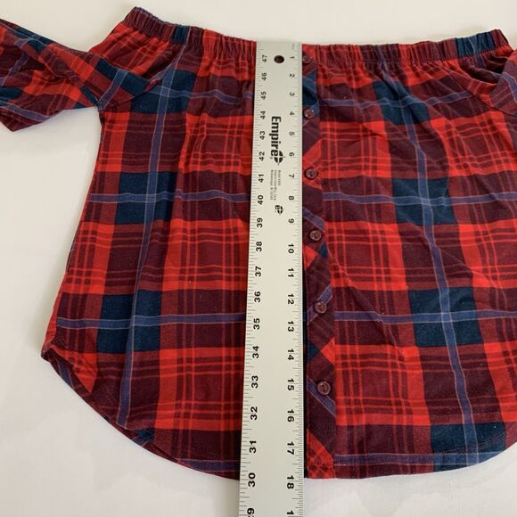 Ambiance Off Shoulder Top Women S Red Navy Plaid Roll Tab July Holiday Western - Picture 6 of 8